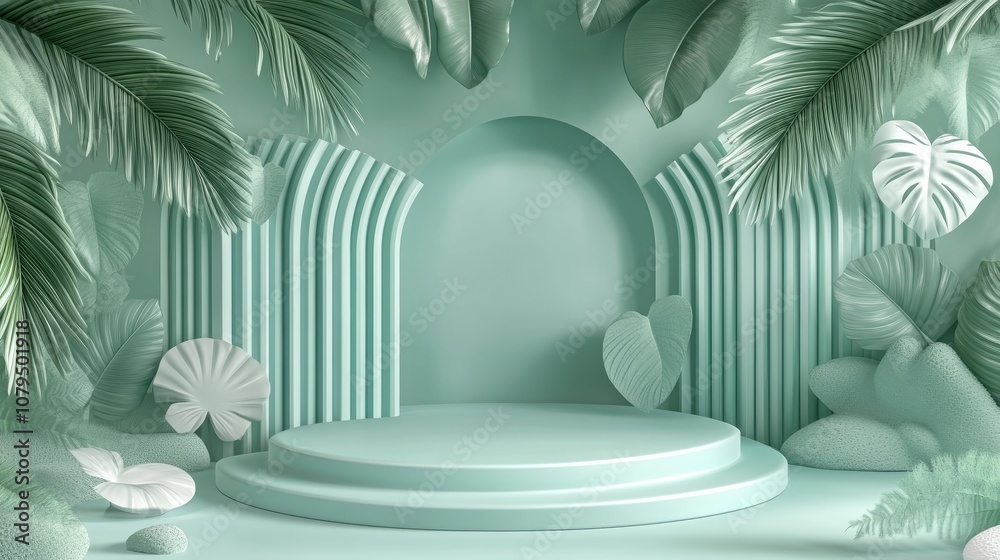 Aufkleber 3d minimalist green podium with abstract geometric shapes background for product display
