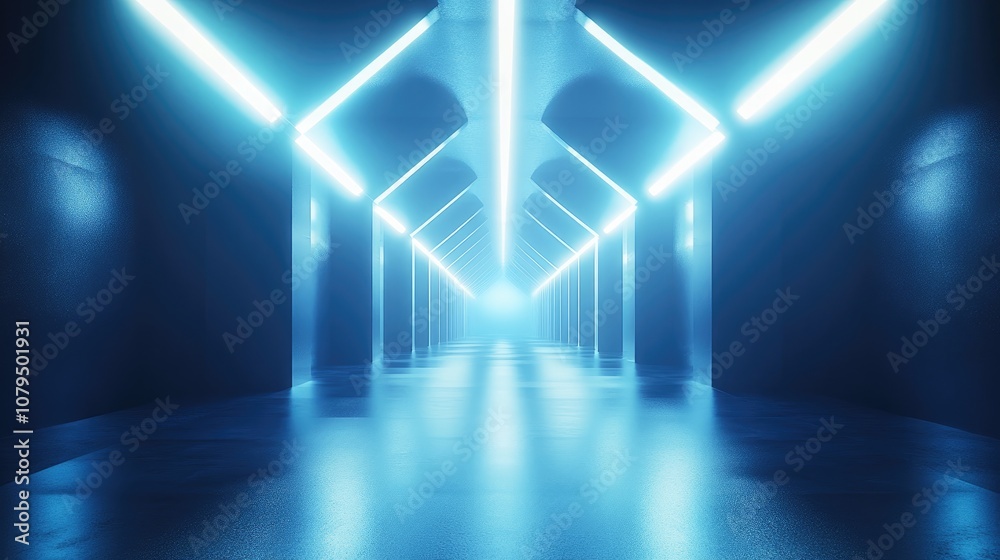 Fototapete Abstract light tunnel with a blue background featuring a portal illuminated by rays neon lights and spotlights A dark empty scene showcases neon elements Symmetrical reflections and perspective in