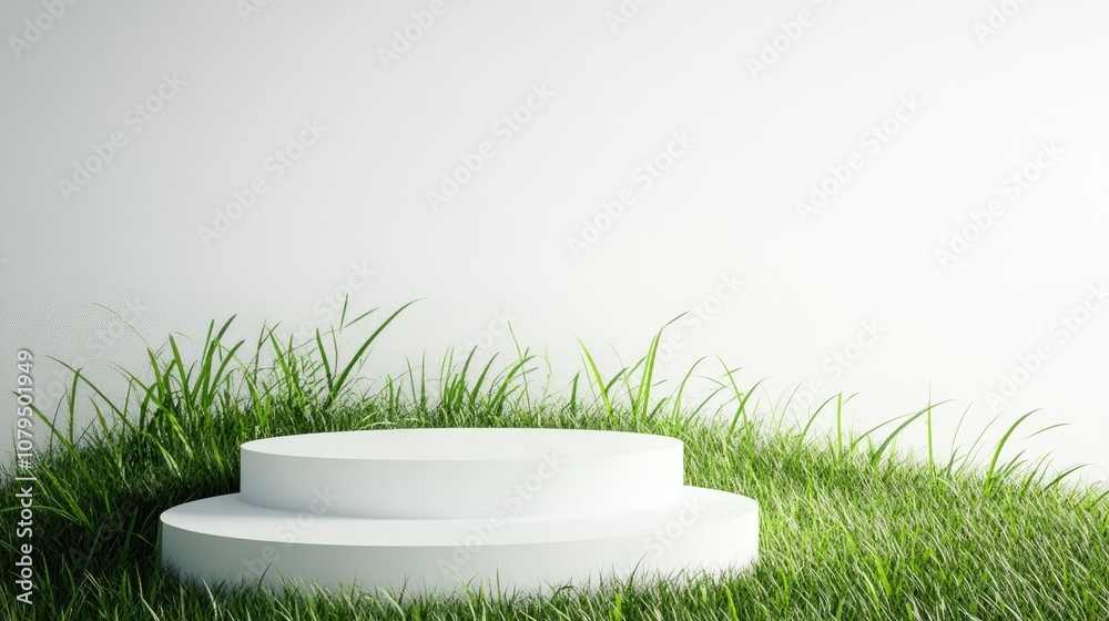 Poster White step podium in a grassy field for product display set against a white background 3D rendering