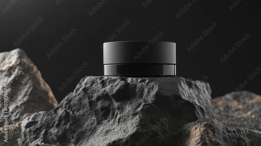 Poster square cosmetic container on a rock surface with a black background 3d rendering