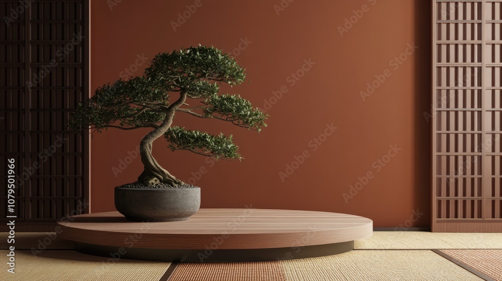 Aufkleber 3d art render featuring a japanese style podium and bonsai tree against a brown backdrop for product