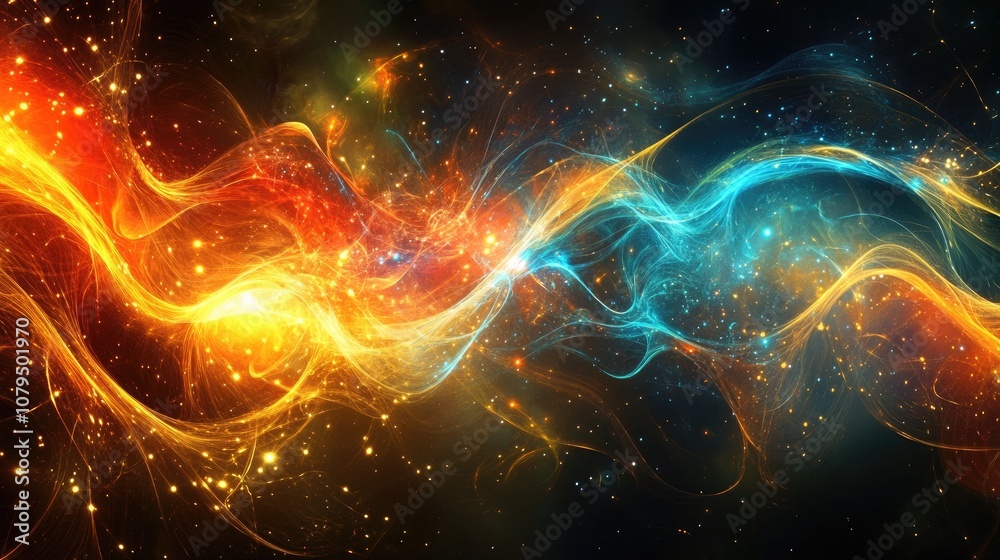 Poster animation featuring a mesmerizing pattern of flowing luminous energy threads set against a dark back