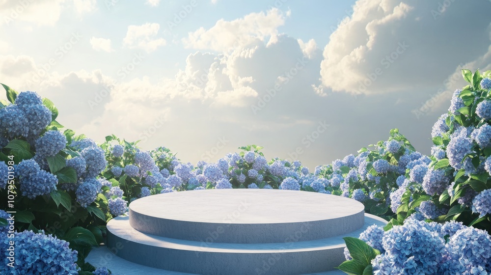 Poster natural beauty display podium surrounded by a hydrangea flower field 3d rendering