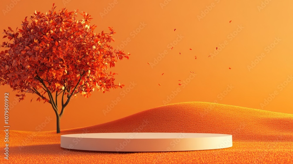 Aufkleber autumn themed background featuring a product presentation podium with a hill and tree on an orange b