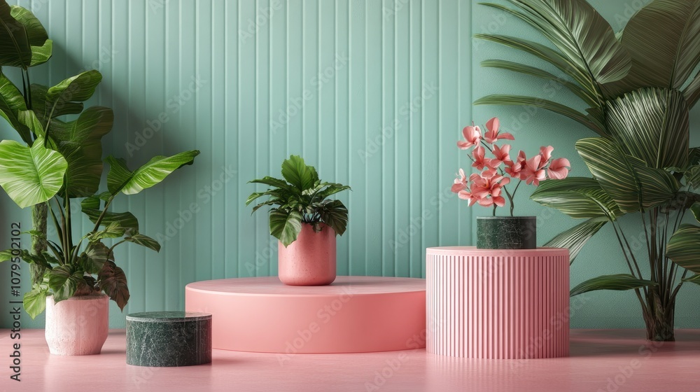 Poster 3d render of an exhibition podium and stand set against a pastel architectural background for premiu