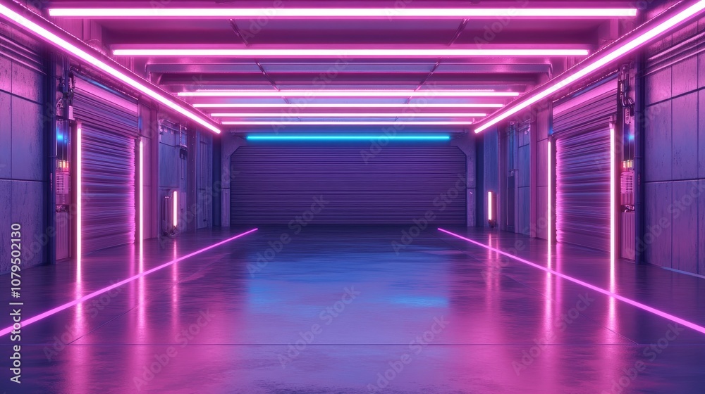 Aufkleber futuristic metal garage with neon framing featuring an empty iron tunnel and production hangar neon 