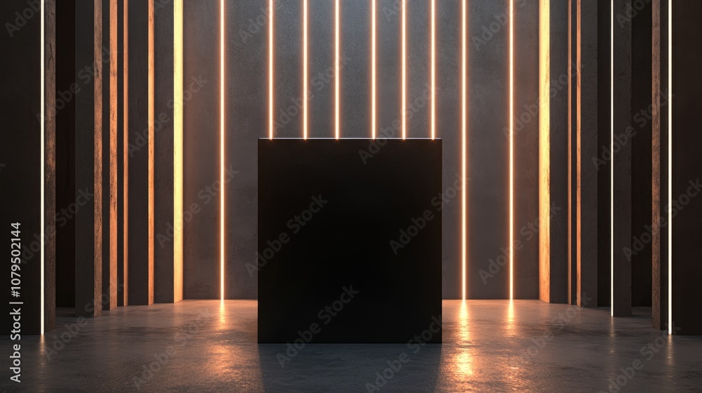 Aufkleber dark square pedestal for showcasing products surrounded by linear lights in a lifelike 3d abstract b