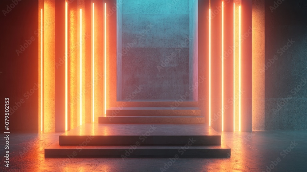 Poster 3d rendering of an abstract arrangement of geometric forms in a brightly lit space featuring neon il