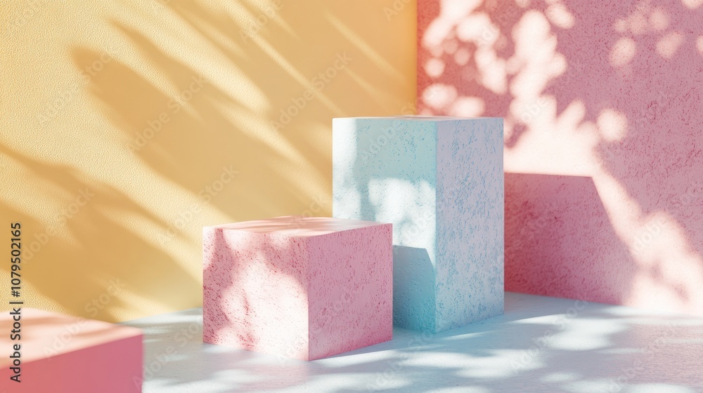 Leinwandbilder Minimalist 3D rendering featuring an empty step cube and colorful pastel podium for product display against an abstract background Mockup of geometric shapes in soft hues 3D illustration for cosme