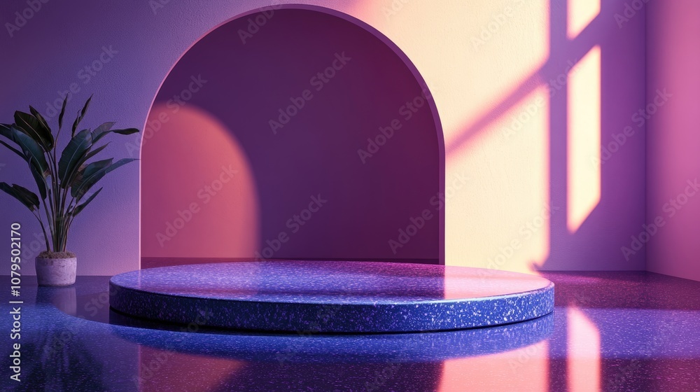 Poster 3D product podium mockup featuring an abstract design in a violet backdrop rendered illustration in the trending color of 2022