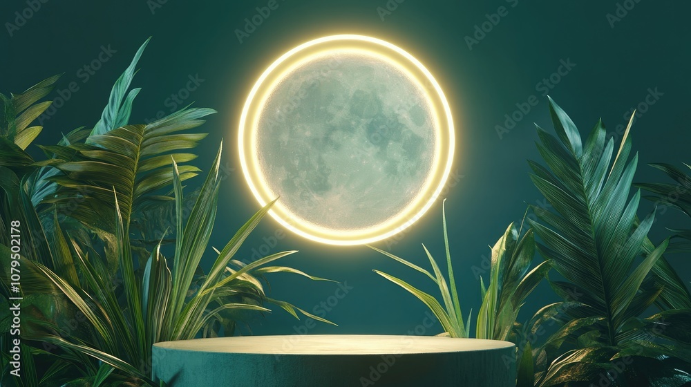 Poster Empty podium featuring a neon moon against a lemon grass background 3D render of an abstract scene with a floating pedestal and a neon circle frame