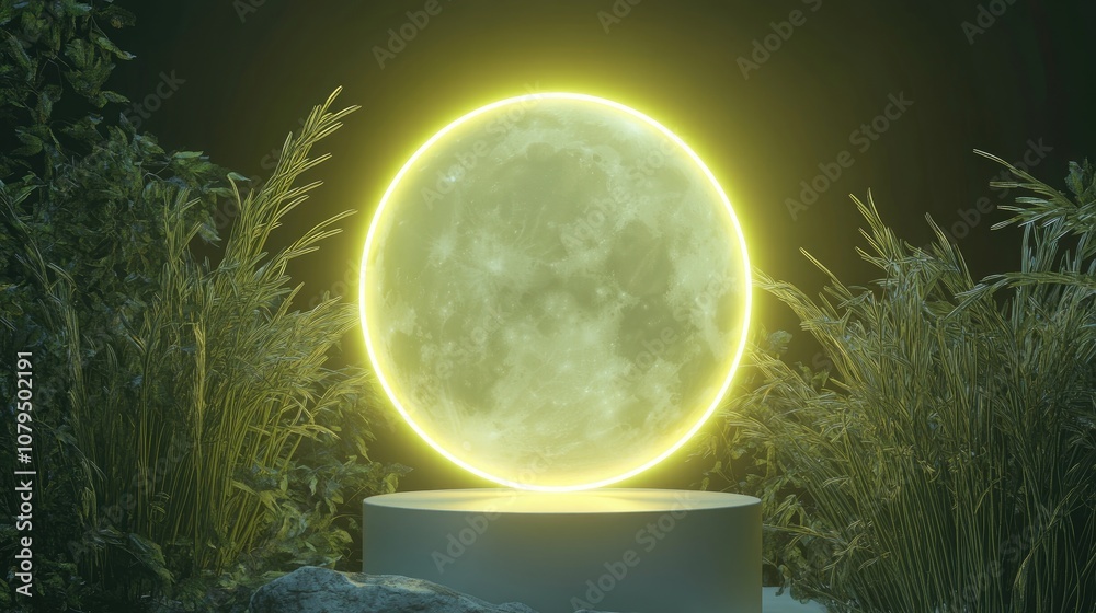 Poster Empty podium featuring a neon moon against a lemon grass background 3D render of an abstract scene with a floating pedestal and a neon circle frame