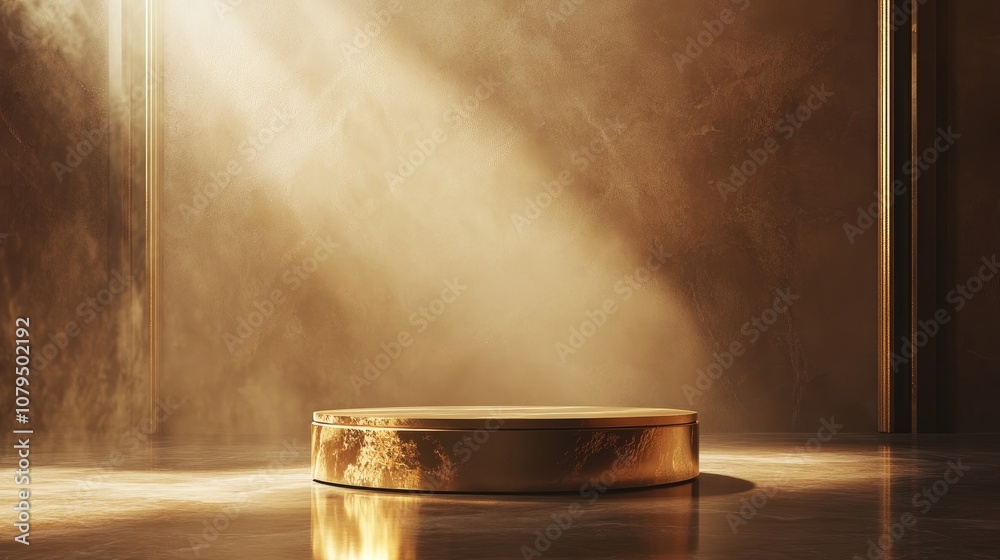 Fototapete Elegant golden pedestal in an empty room bathed in a warm spotlight creating a soft atmosphere Background graphic element luxury concept 3D render