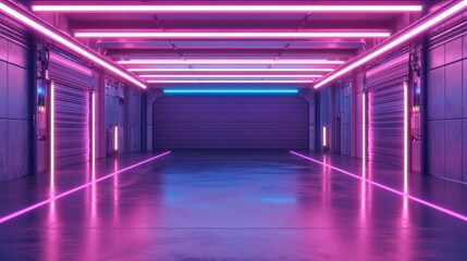 Futuristic metal garage with neon framing featuring an empty iron tunnel and production hangar Neon...