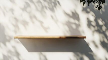 Minimalist white wall featuring a wooden shelf for showcasing products Unoccupied space with tree leaf shadows Three dimensional room background with open area for text 3D render visualization