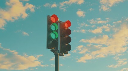Traffic Light Against a Bright Sky with Colorful Clouds Depicts the Importance of Road Safety and Traffic Management in Urban Environments