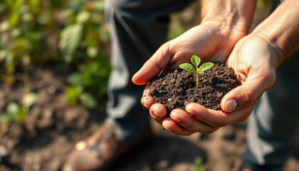 World Pollution Prevention Day. Hands holding soil with plant. Save earth concept. Suitable for marketing or business purposes. Panoramic banner with place for text