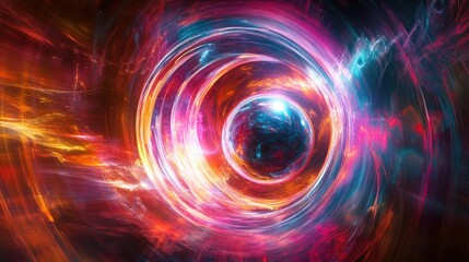 Vibrant abstract backdrop featuring a dynamic frame design Enchanting neon sphere with blurred LED swirls Mystical portal effect with rotating lines and glowing spiral accents