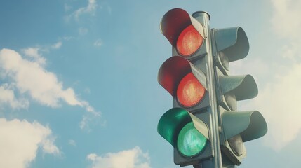 Traffic Light Against a Clear Sky: A Close-Up of a Green, Yellow, and Red Traffic Signal Illuminating the Busy Intersection in Daylight