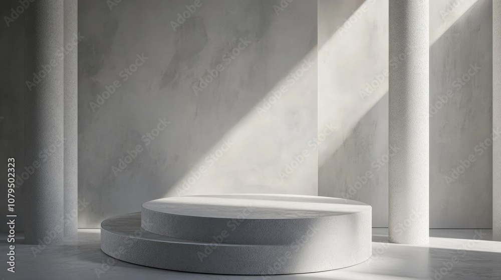 Poster 3d abstract geometric shape featuring a bright gray and white cylinder podium in a minimal studio se