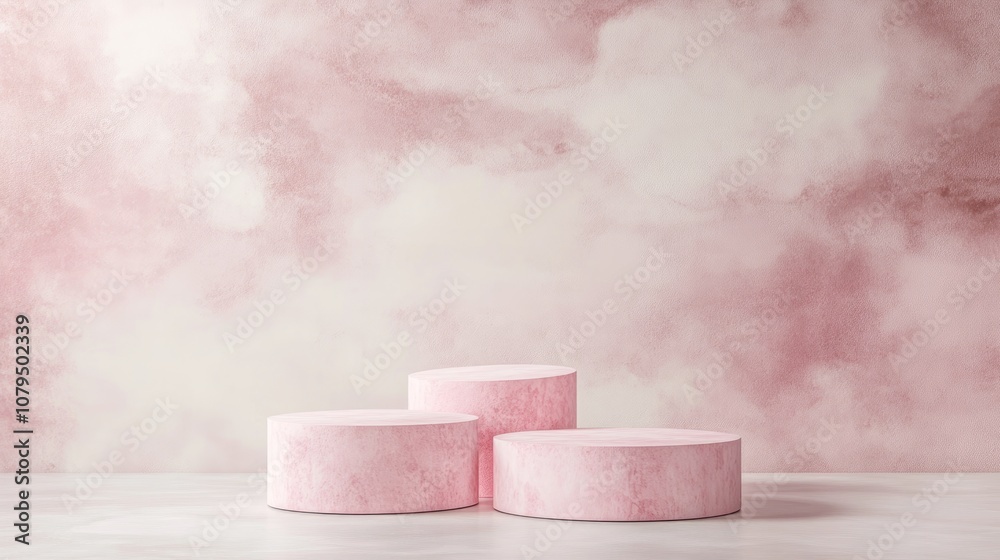 Poster Pastel pink display podium on an empty surface with a soft backdrop 3D rendering without any entry point