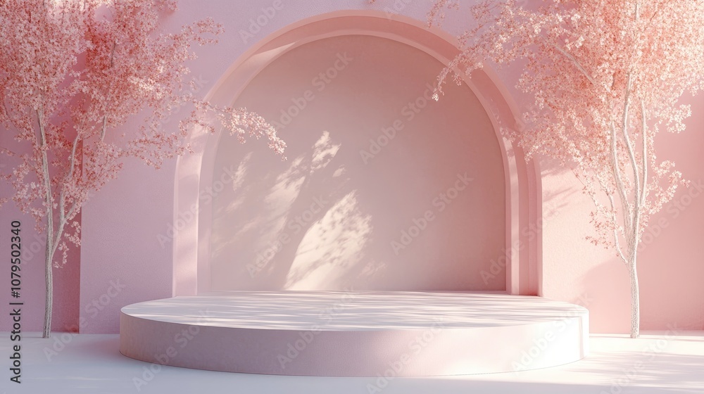 Poster 3d render of an exhibition podium and stand set against a pastel architectural background for premiu