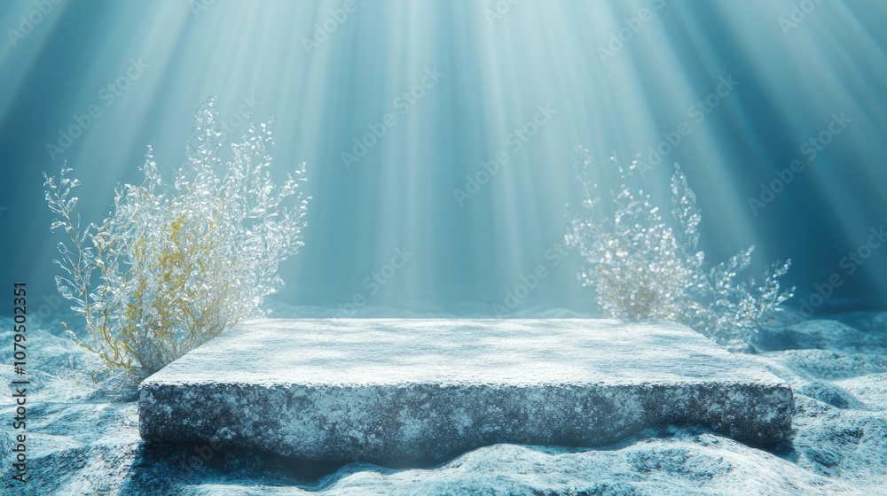 Poster Underwater mockup concept for showcasing a product Features a cobblestone podium and crystal seaweed with water caustics against a blue backdrop Clipping path for each element is included 3D rende