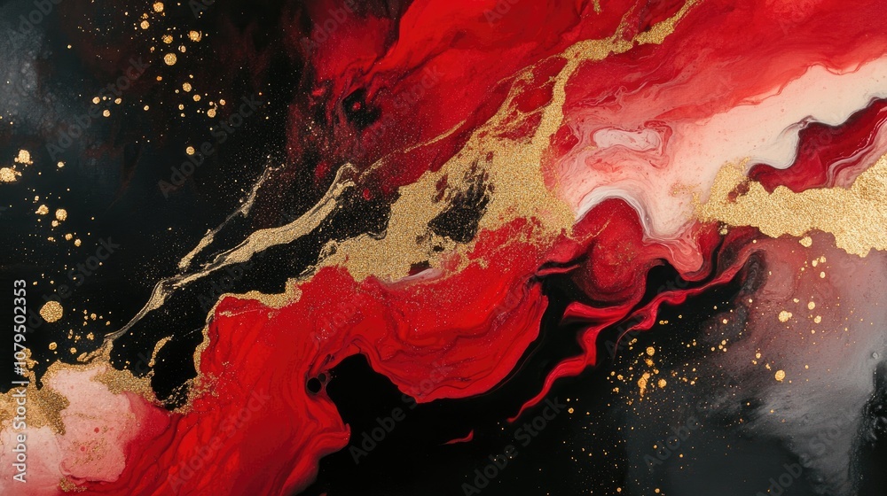 Poster abstract fluid ink painting with red and black tones accented by golden splashes