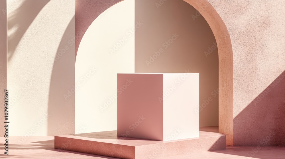 Fototapete Minimal composition featuring an empty pink pastel cube on a podium for product display accompanied by an abstract background Geometric shapes in soft hues are illustrated in 3D