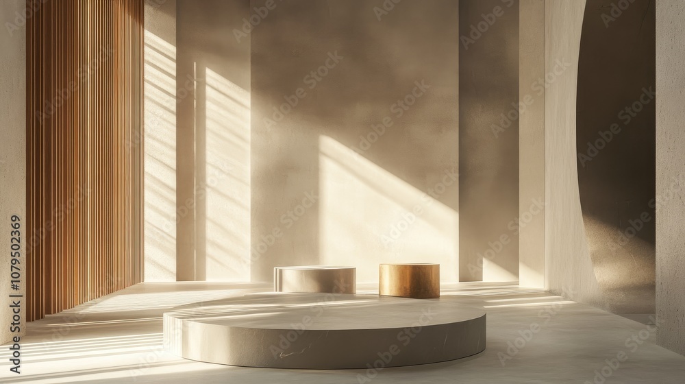 Poster 3D rendering studio featuring geometric shapes and a podium on the floor designed for product display