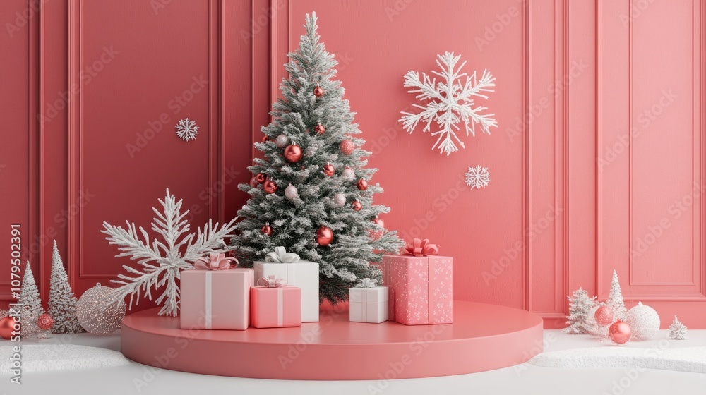 Poster 3d rendered scene of a festive podium platform adorned with a christmas tree presents ornaments and 