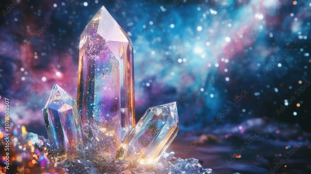 Poster cosmic elements within a crystal set against a backdrop of open space