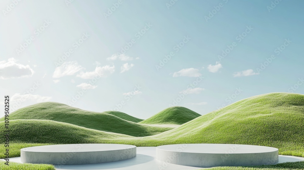 Poster 3d render of an abstract panoramic background featuring a minimalist landscape with green hills and 
