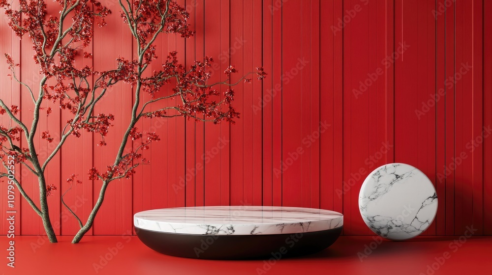 Poster 3d abstract background in traditional style featuring a product podium mockup on a vibrant red backd
