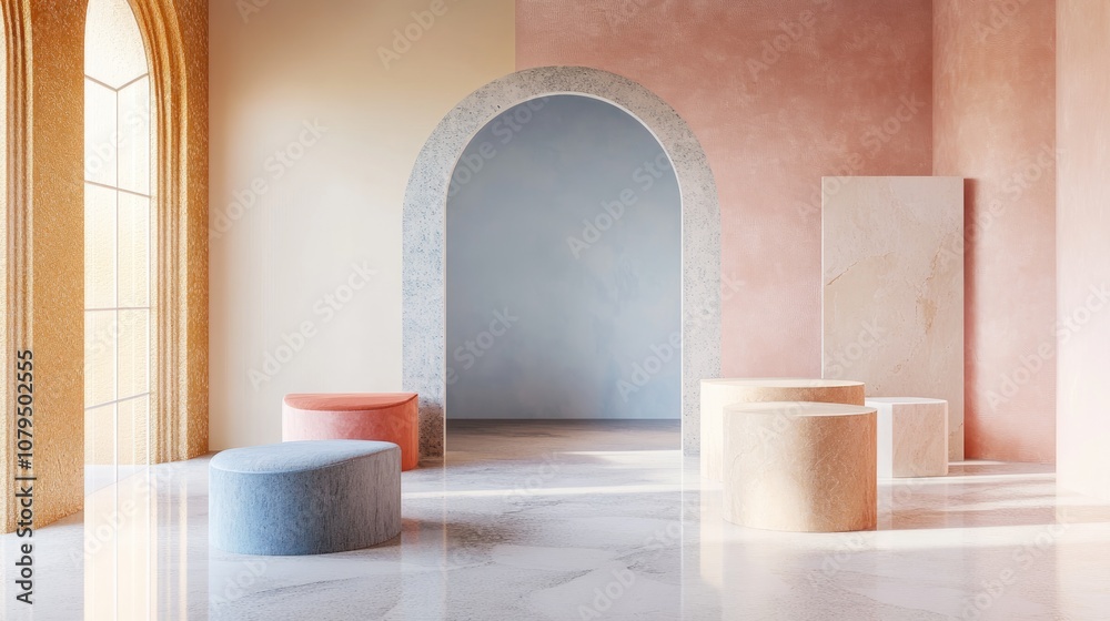 Poster 3D rendering of a studio featuring geometric shapes and pedestals on the floor creating a platform for product presentation in an abstract minimal design