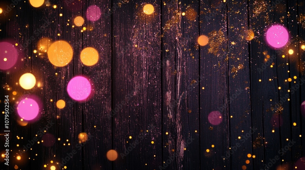Poster festive panoramic banner with pink and yellow bokeh lights and golden glitter against a dark wooden 