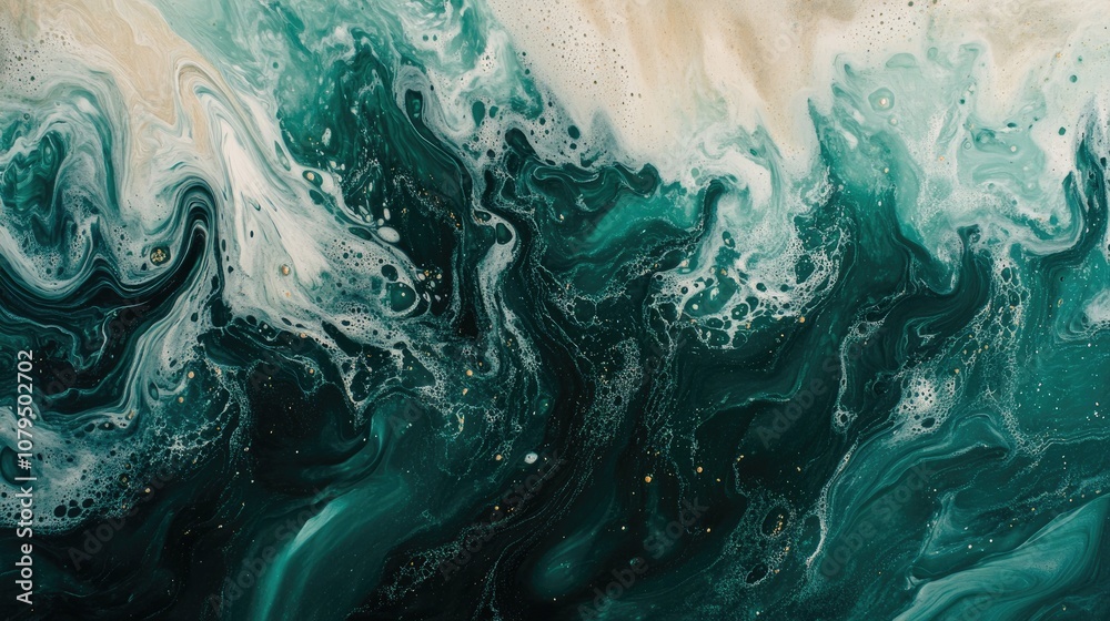 Poster abstract fluid art featuring acrylic paints with swirling green waves and sandy textures showcasing 