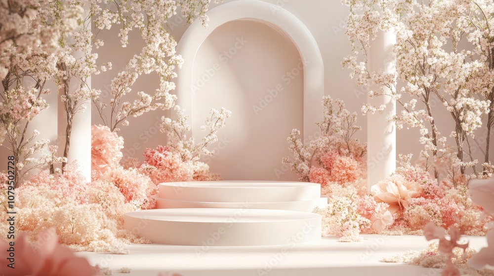 Poster 3D background featuring flower podiums and an abstract minimal scene for a romantic setting