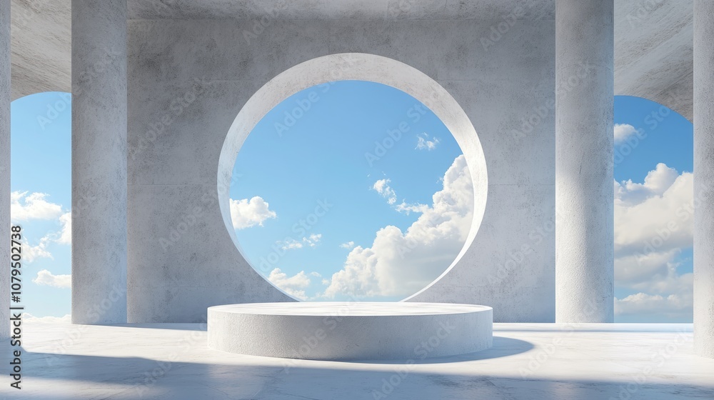 Fototapete Abstract cylindrical podium for product display featuring columns and a circular opening against a blue sky 3D rendering