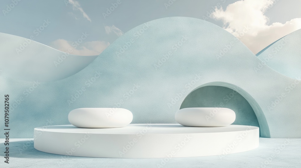 Poster minimalistic podium with an abstract backdrop in soft blue pastel hues 3d rendering