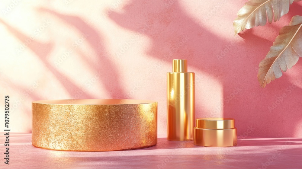 Aufkleber gold colored product display against a pink background 3d rendering