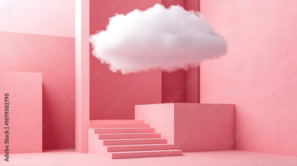 Poster 3D rendering of an abstract urban minimal background featuring a white cloud hovering over pedestal steps showcasing modern architecture and pink stylish wallpaper