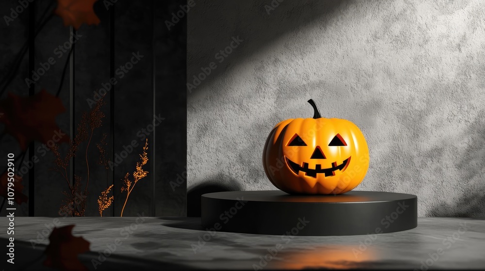 Poster 3d rendering of a halloween pumpkin beside a podium featuring a minimalist halloween themed backgrou