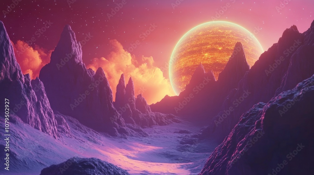 Aufkleber alien planet landscape in a 3d cartoon rendering featuring a science fiction illustration with a stu