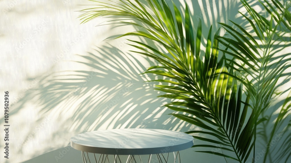 Poster Product showcase pedestal adorned with overlapping palm leaves creating a shadow effect