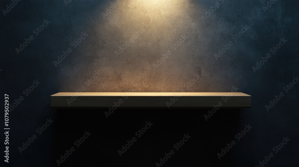 Poster 3D render of a blank mockup on a concrete wall featuring a wooden shelf lit from the front in a perspective view