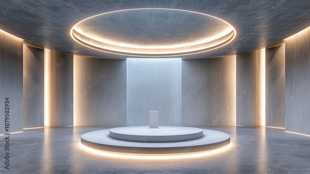 Aufkleber Contemporary empty hall featuring a central podium and circular lighting Concept of performance and presentation 3D rendering