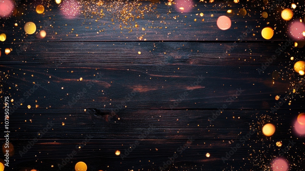Aufkleber festive panoramic banner with pink and yellow bokeh lights and golden glitter against a dark wooden 