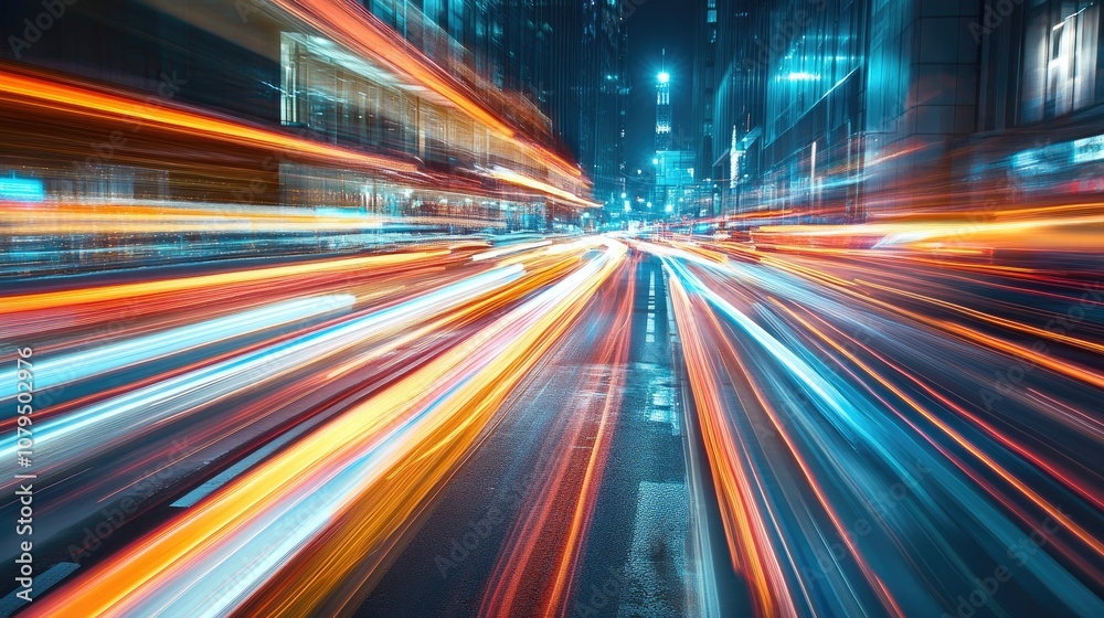 Poster abstract motion blur depicting light trails in an urban environment illustrating the concept of city