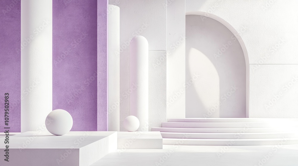 Poster minimal abstract geometric shapes in white and purple violet tones featuring a 3d rendered podium